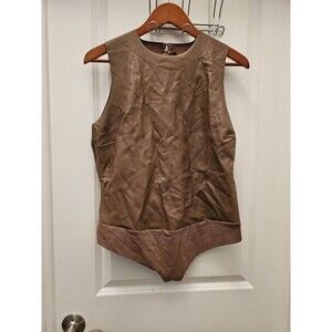 SKIMS Faux Leather Sleeveless Mock Neck Bodysuit Brown Zipper Back Plus Size 3X